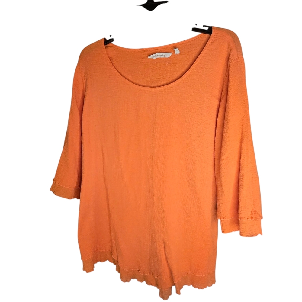 Soft Surroundings Textured Cotton Lagenlook Tangerine Ruffle Blouse Size XL